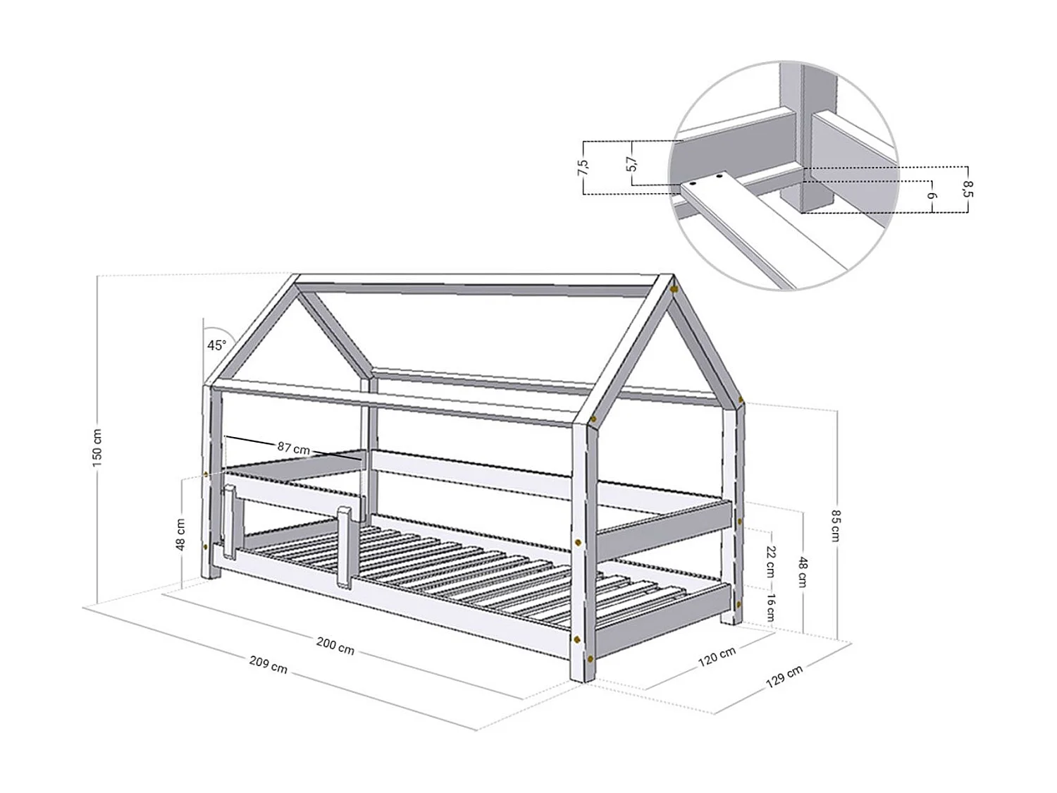Lit cabane avec étagère 120 x 200 verni