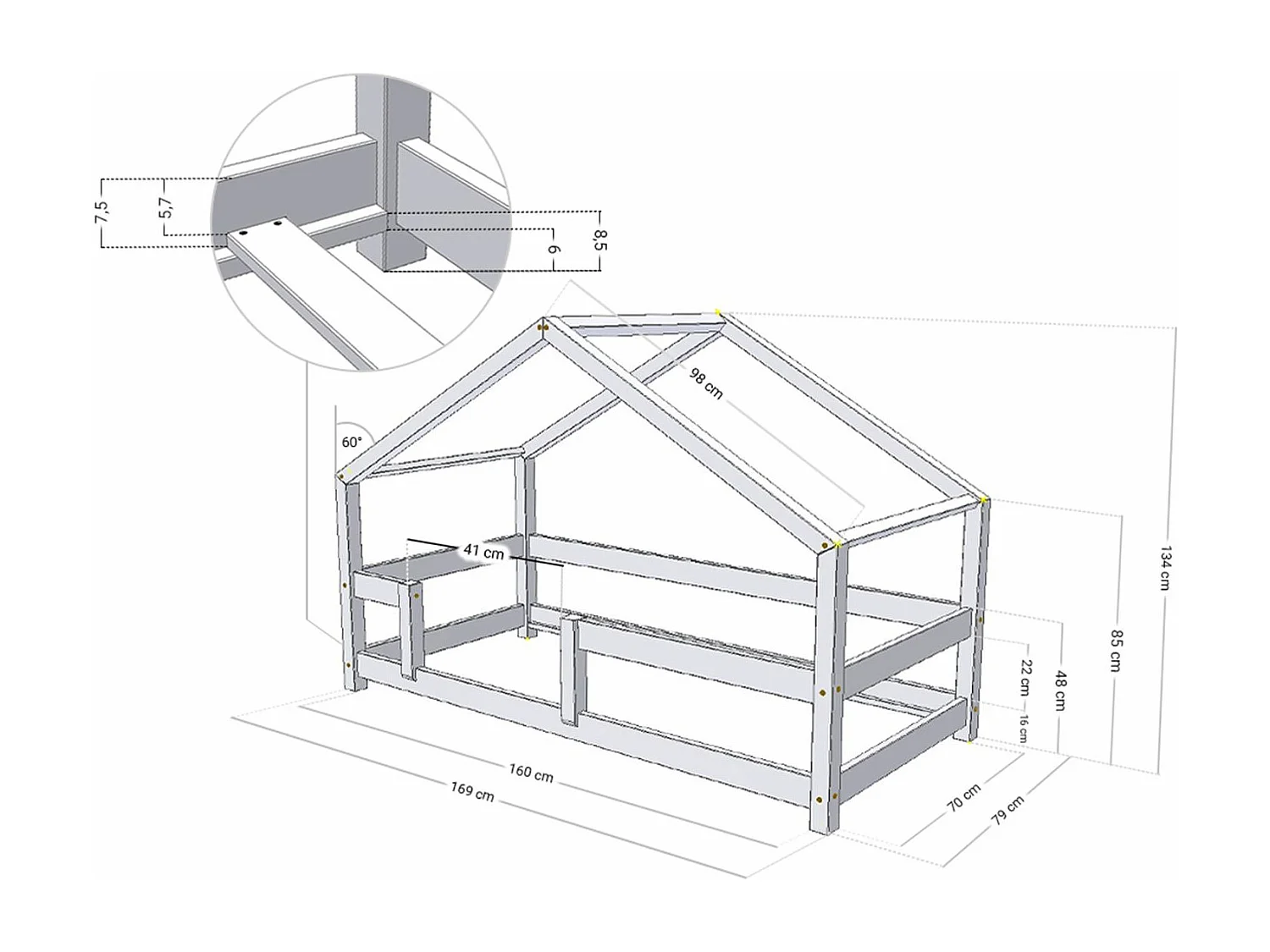 Lit cabane enfant LUCKY 70 x 160 gris clair