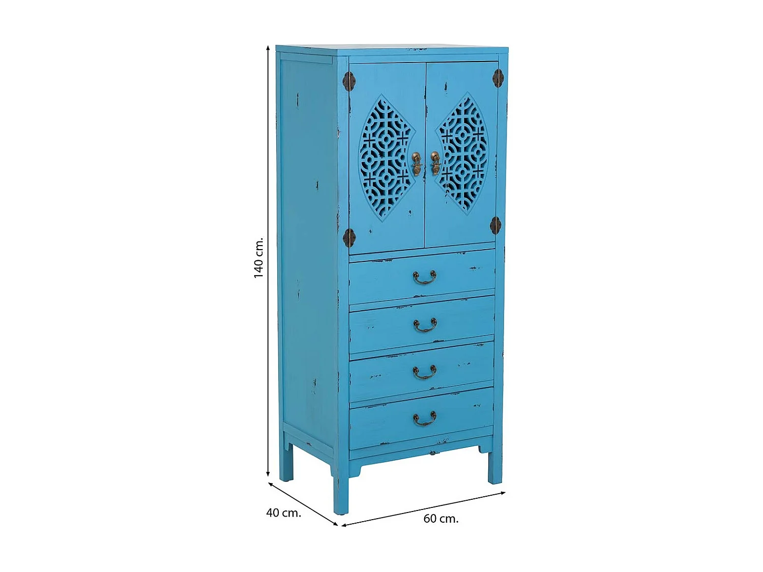 Armário em madeira com 4 gavetas e 2 portas em azul 60x40x140h cm