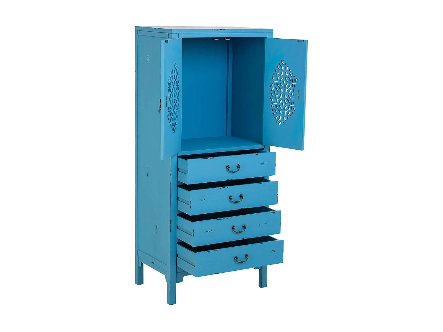 Armário em madeira com 4 gavetas e 2 portas em azul 60x40x140h cm