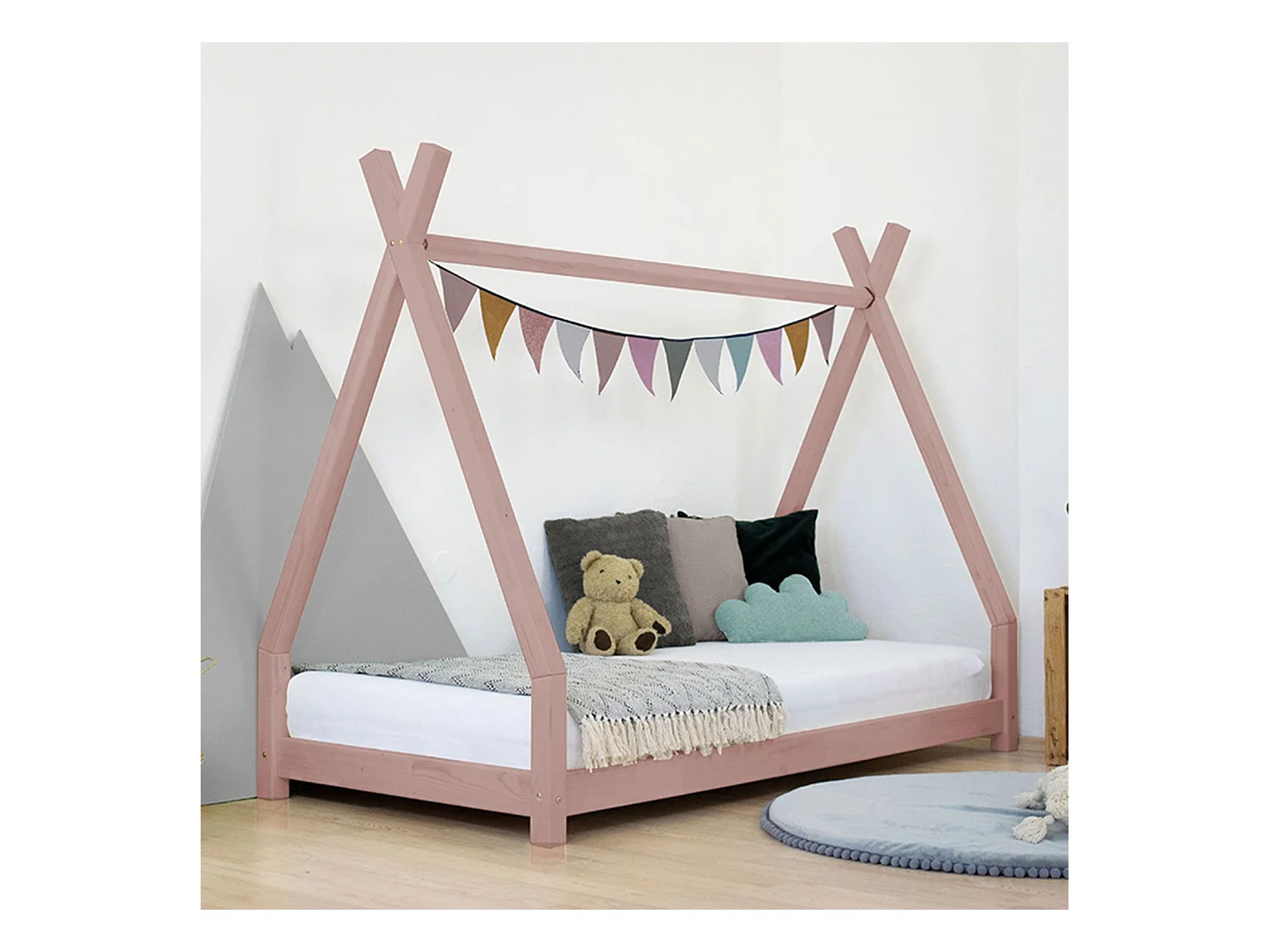 Lit tipi enfant NAKANA 90 x 180 rose pastel