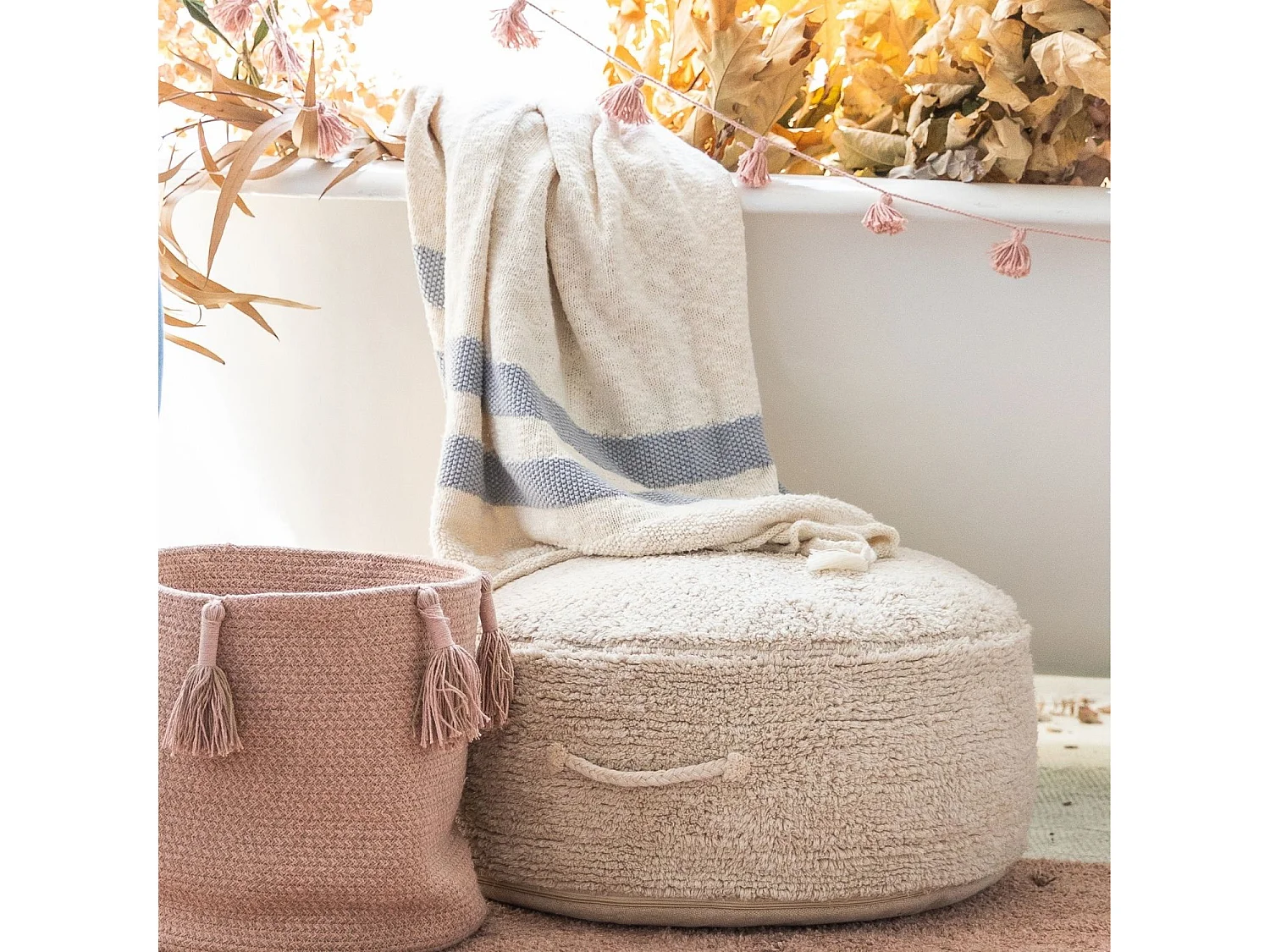 Pouf beige en coton 50 x 50 x 20 cm