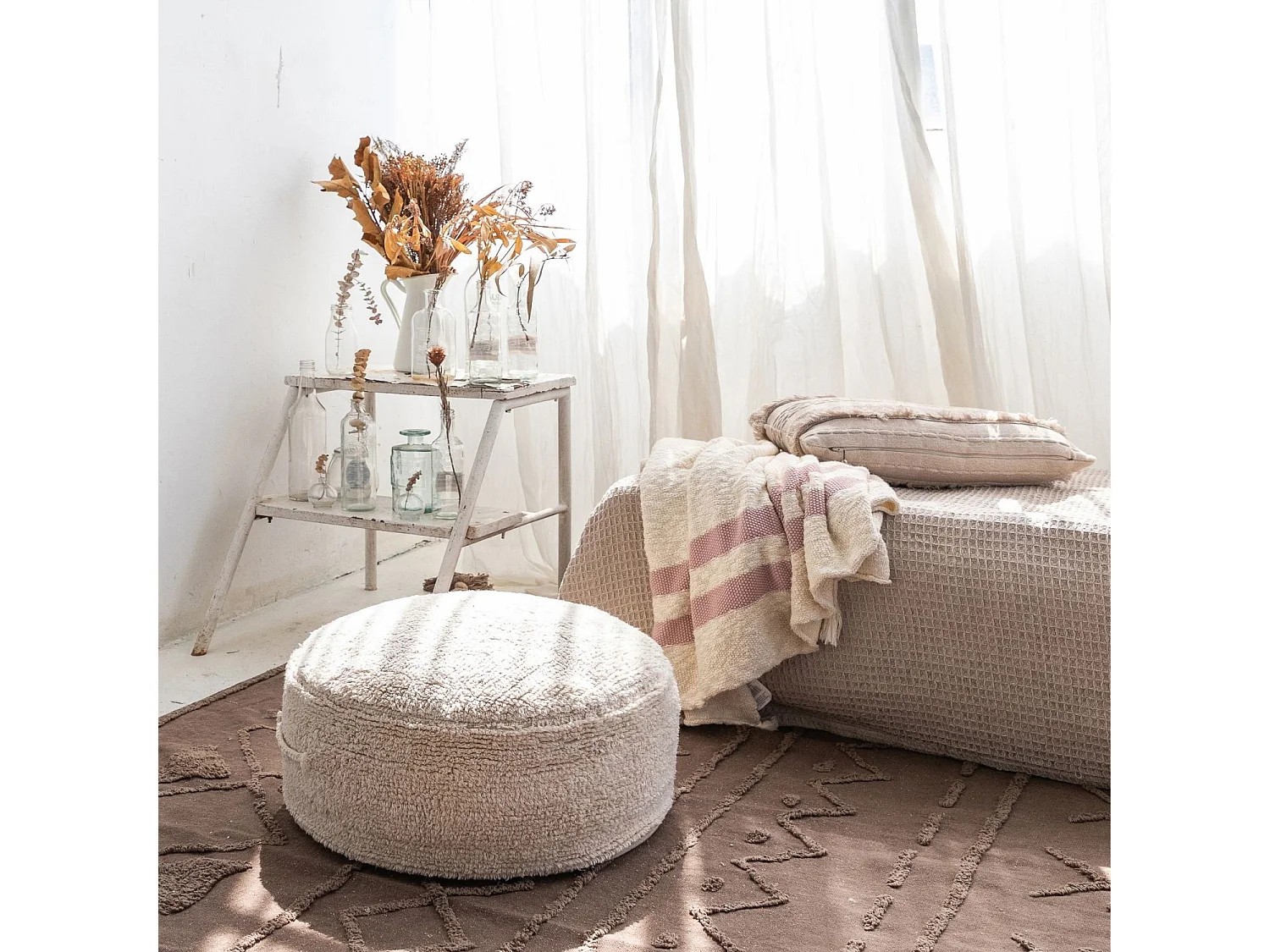 Pouf beige en coton 50 x 50 x 20 cm