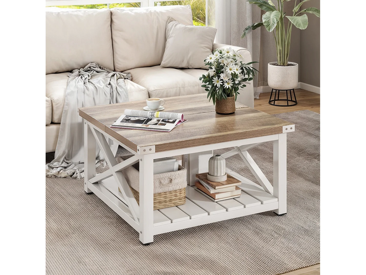 YITAHOME Table Basse pour le salon - Carrée - avec rangement - Lavé Gris - pour le Salon avec Étagère