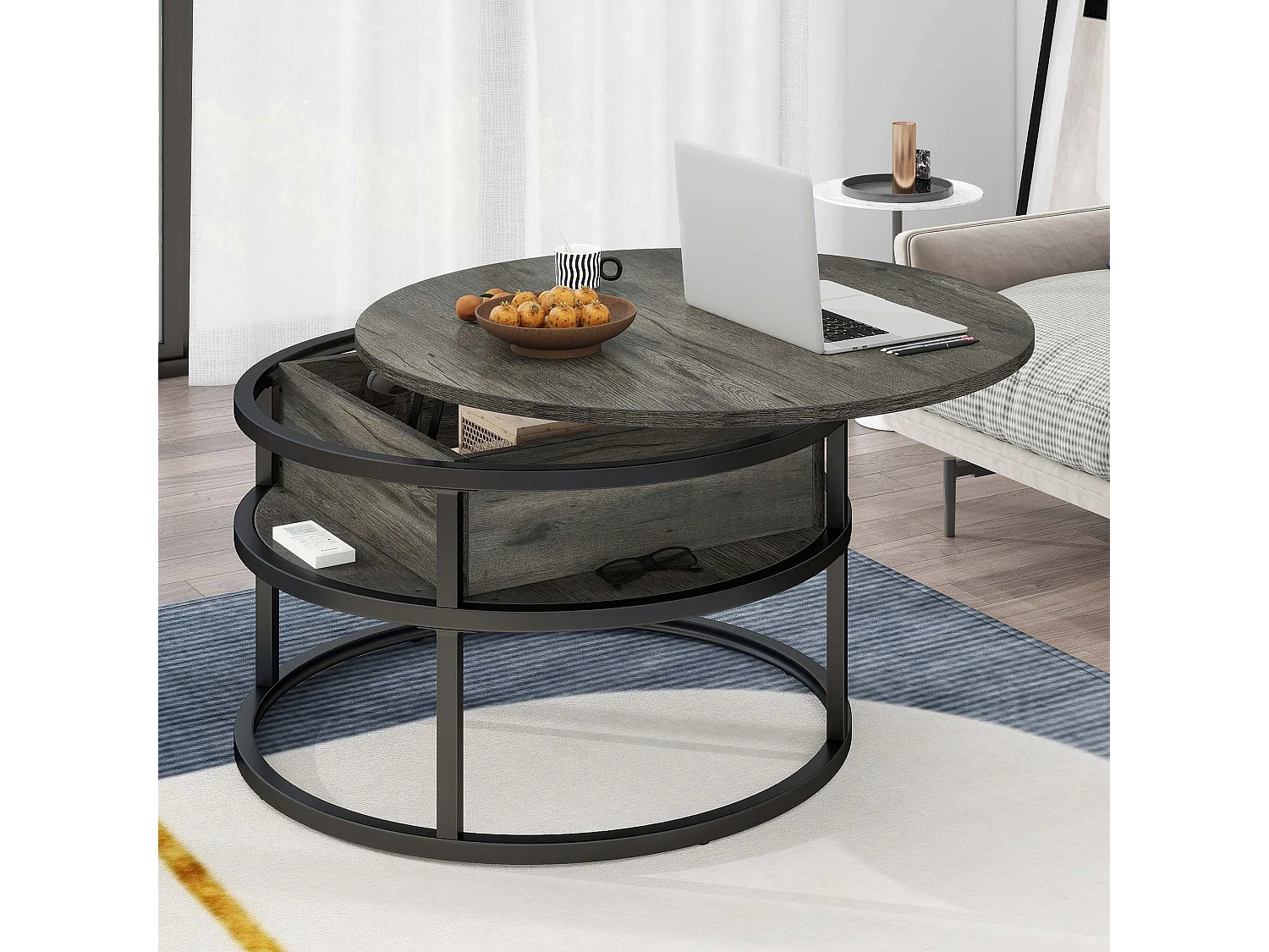 YITAHOME Table Basse - Ronde - à Plateau Surélevé - Compartiment de Rangement Caché - pour le Bureau à Domicile - Gris foncé
