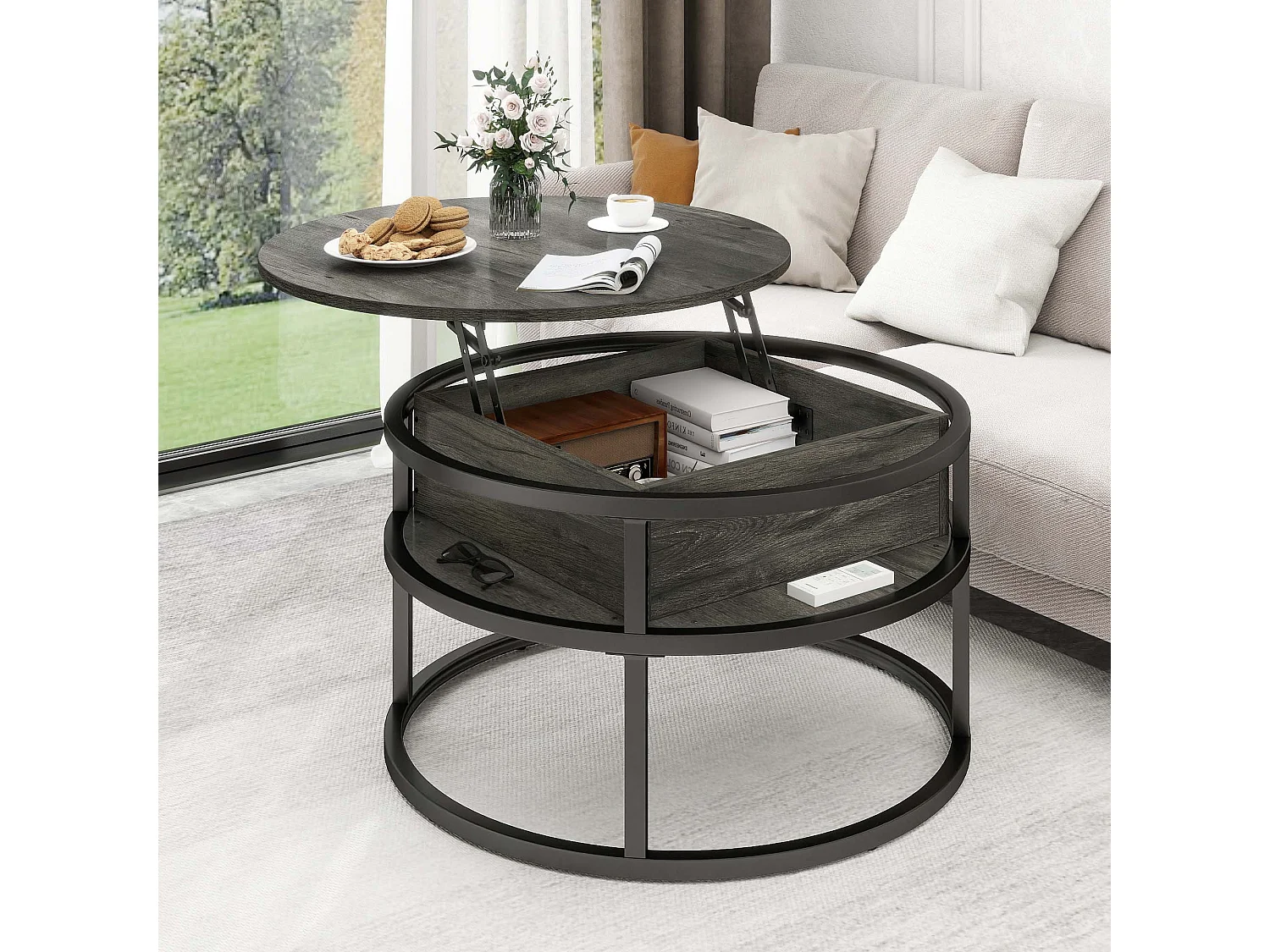 YITAHOME Table Basse - Ronde - à Plateau Surélevé - Compartiment de Rangement Caché - pour le Bureau à Domicile - Gris foncé