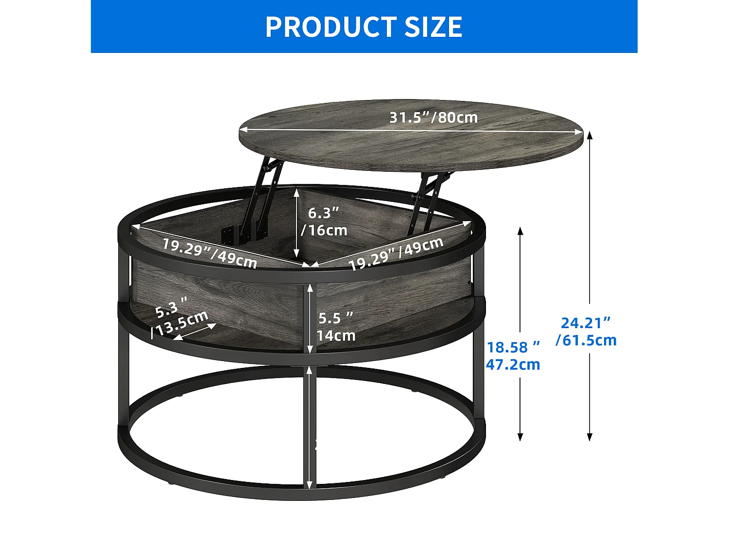 YITAHOME Table Basse - Ronde - à Plateau Surélevé - Compartiment de Rangement Caché - pour le Bureau à Domicile - Gris foncé