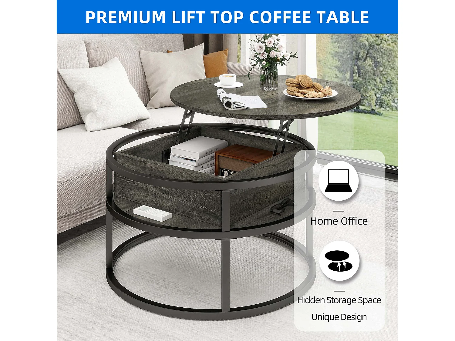 YITAHOME Table Basse - Ronde - à Plateau Surélevé - Compartiment de Rangement Caché - pour le Bureau à Domicile - Gris foncé