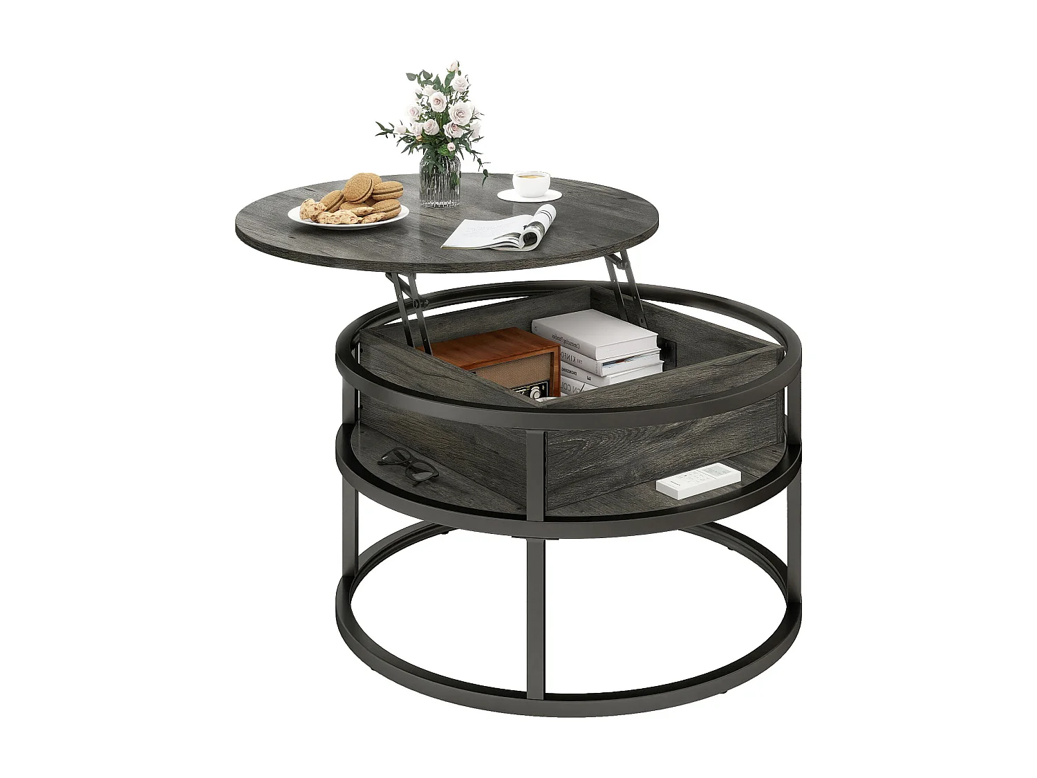 YITAHOME Table Basse - Ronde - à Plateau Surélevé - Compartiment de Rangement Caché - pour le Bureau à Domicile - Gris foncé
