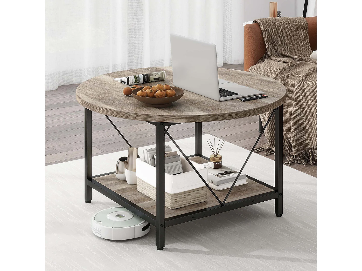 YITAHOME Table Basse Beige - Ronde - Table d'Appoint Industrielle à 2 niveaux - Table d'appoint en bois - Cadre en Métal Robuste - 80x80x46 cm