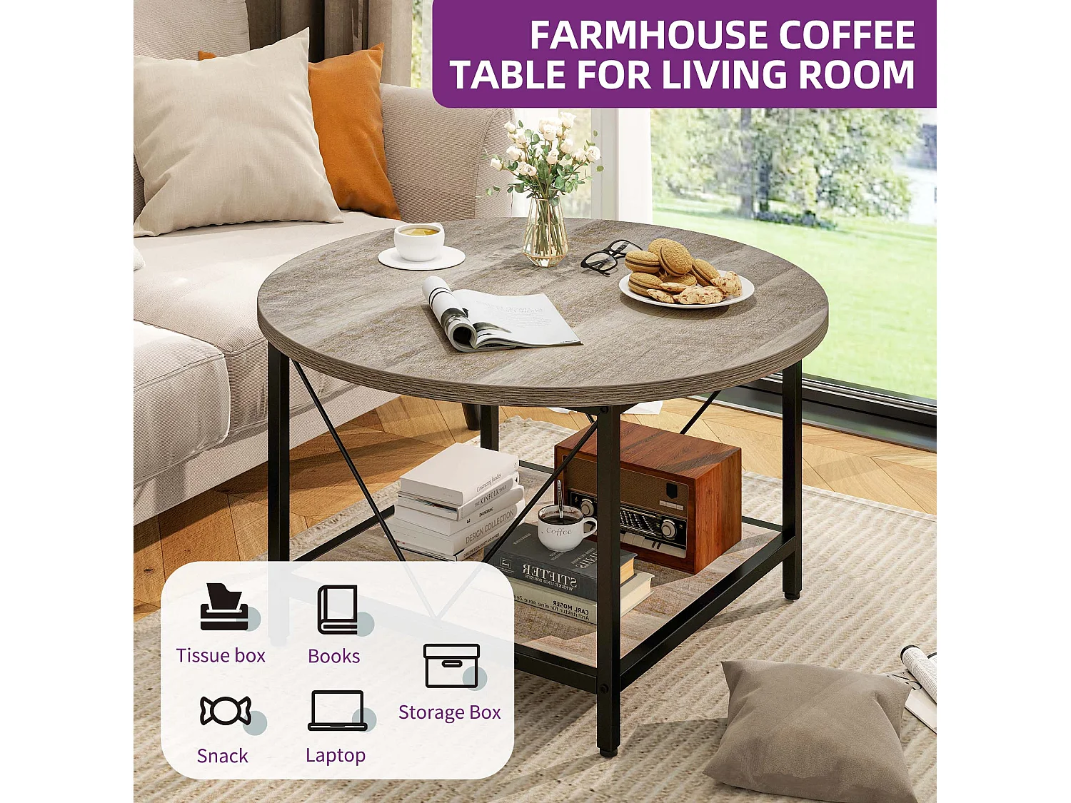 YITAHOME Table Basse Beige - Ronde - Table d'Appoint Industrielle à 2 niveaux - Table d'appoint en bois - Cadre en Métal Robuste - 80x80x46 cm