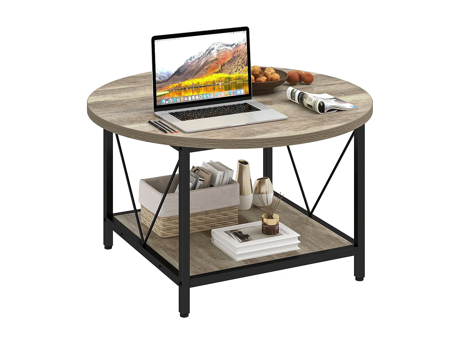 YITAHOME Table Basse Beige - Ronde - Table d'Appoint Industrielle à 2 niveaux - Table d'appoint en bois - Cadre en Métal Robuste - 80x80x46 cm