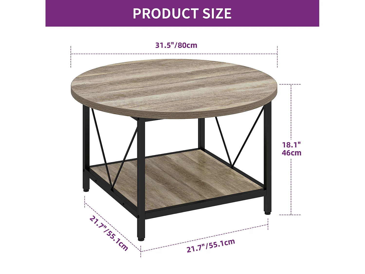 YITAHOME Table Basse Beige - Ronde - Table d'Appoint Industrielle à 2 niveaux - Table d'appoint en bois - Cadre en Métal Robuste - 80x80x46 cm