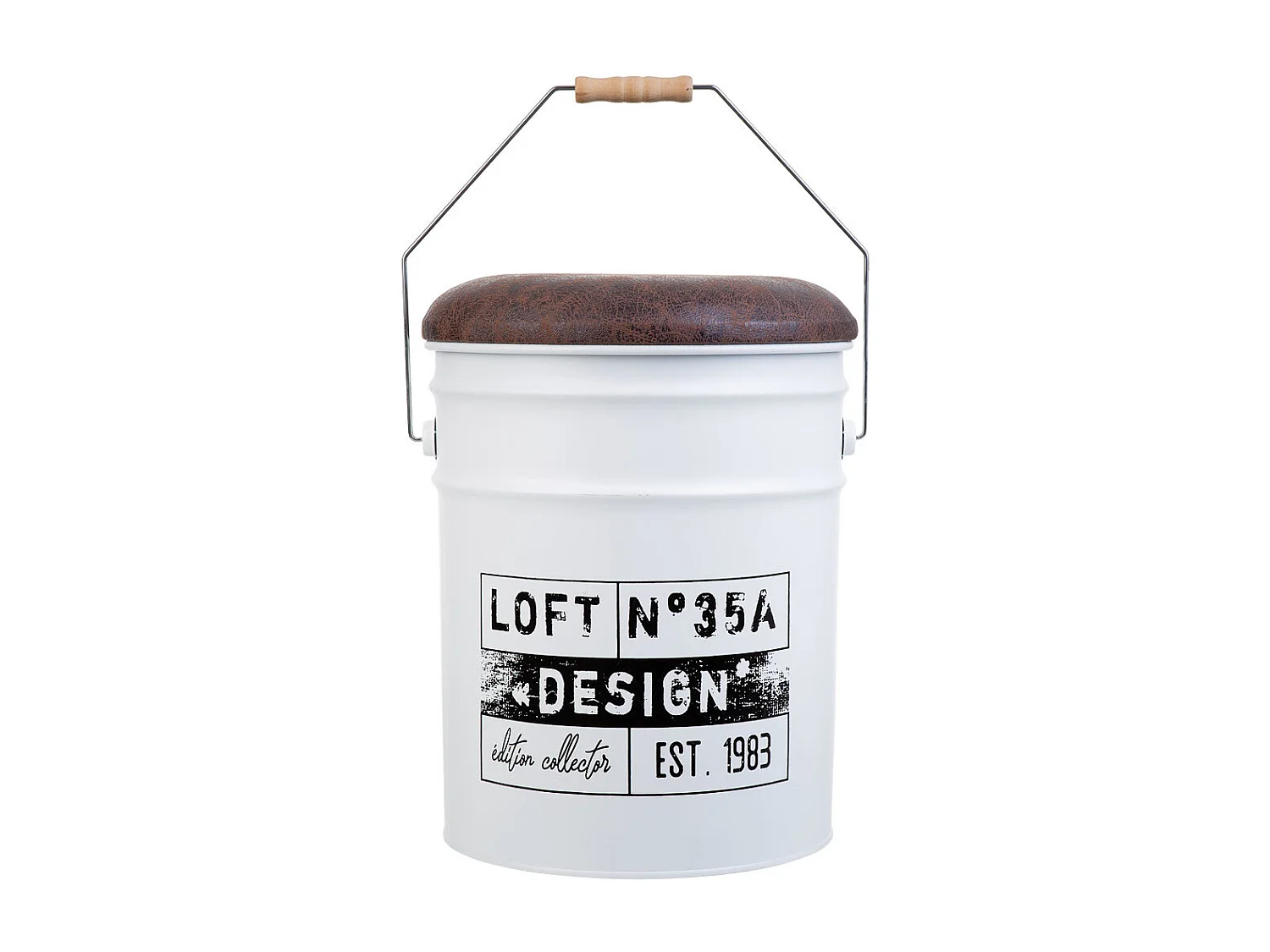 Seau en métal, couvercle rembourré et anse en métal imprimé blanc D31x35/40h cm
