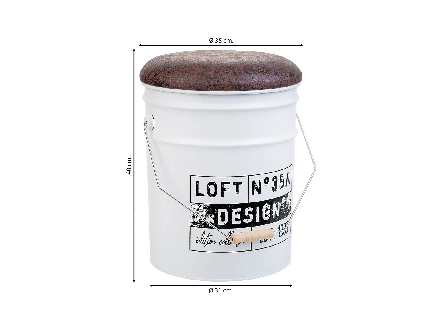 Cubo de metal, tapa tapizada y asa metal impreso blanco D31x35/40h cm