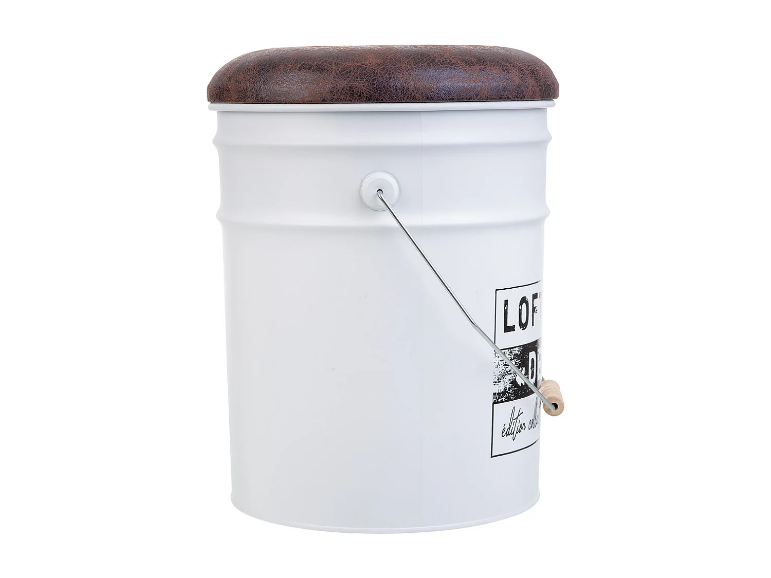 Balde em metal, tampa estofada e pega em metal estampado na cor branca D31x35/40h cm