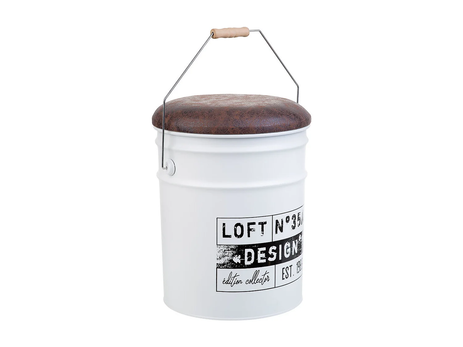 Secchio in metallo, coperchio imbottito e manico in metallo stampato bianco D31x35/40h cm