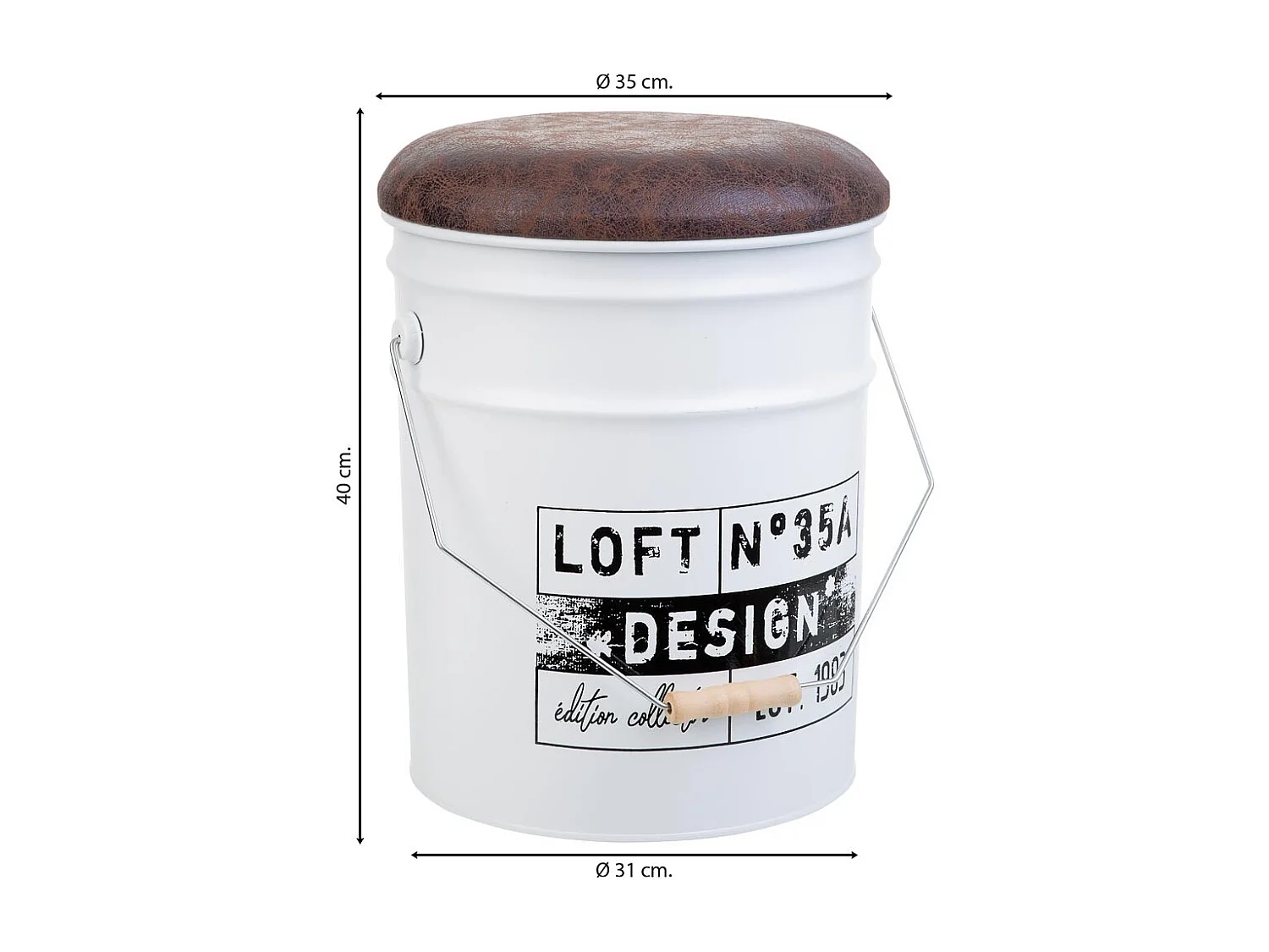 Secchio in metallo, coperchio imbottito e manico in metallo stampato bianco D31x35/40h cm