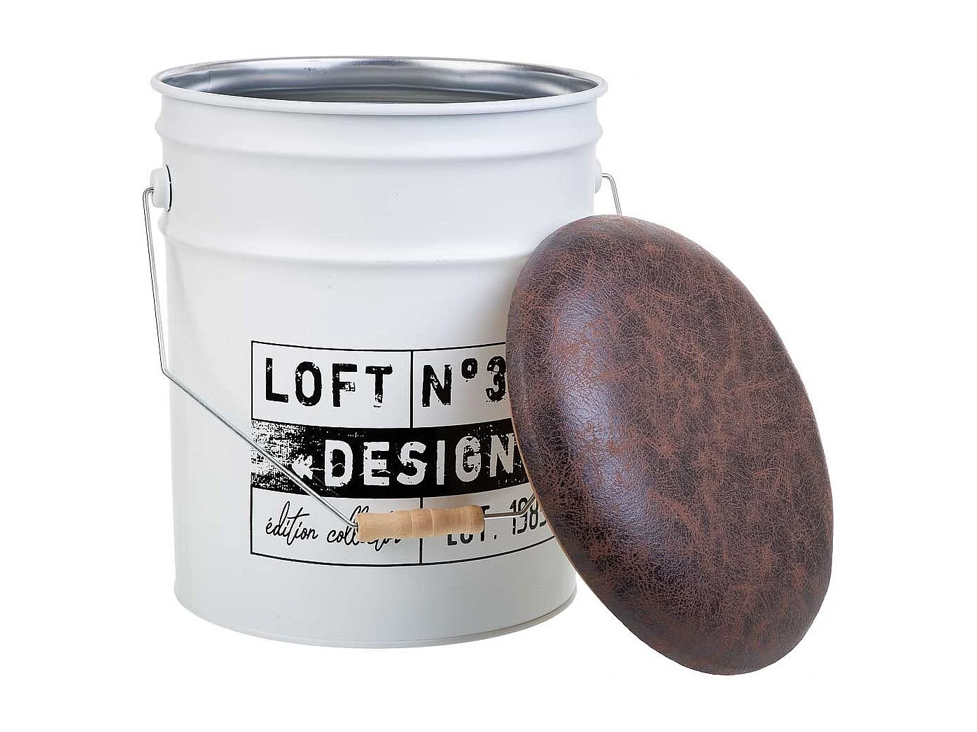 Secchio in metallo, coperchio imbottito e manico in metallo stampato bianco D31x35/40h cm