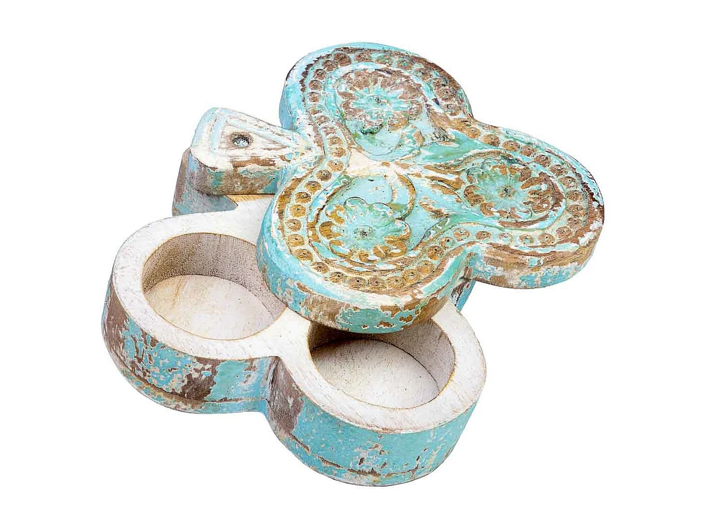 Geschnitzte Holzkiste mit antikem weißem Finish 17,5 x 17 x 5 cm