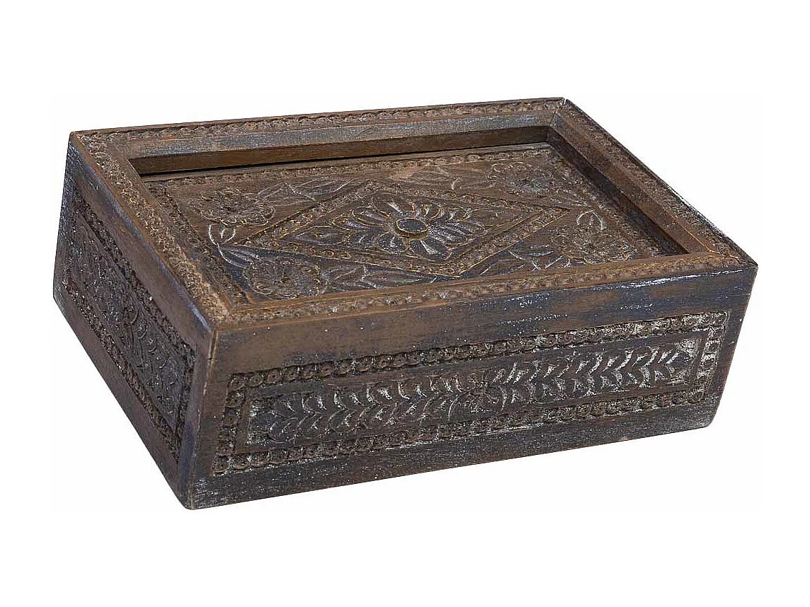 Caixa de madeira com acabamento artesanal castanho antigo 29x20x09h cm