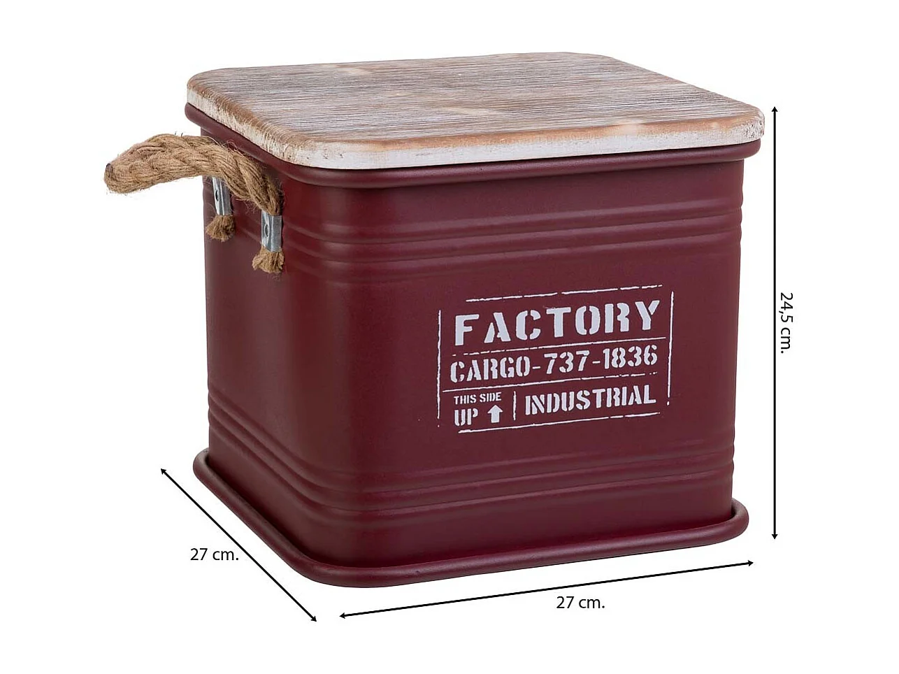 Caixa quadrada de metal estampada vermelha 27x27x24,5h cm