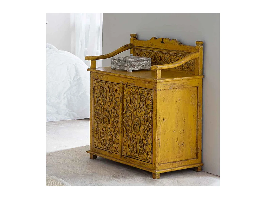 Coffret en bois sculpté avec finition artisanale bleu antique 19x19x10h cm