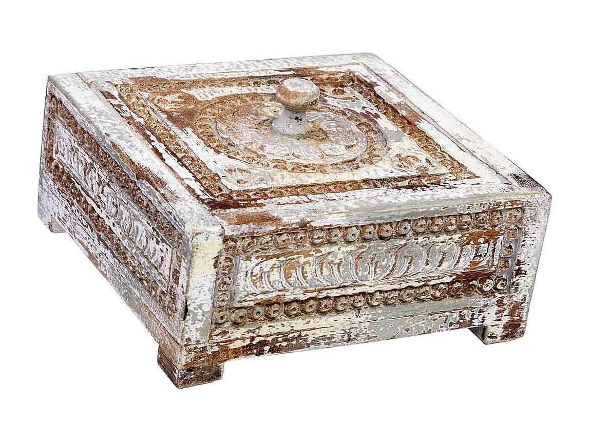 Caja de madera tallada acabado artesanal envejecido azul 19x19x10h cm