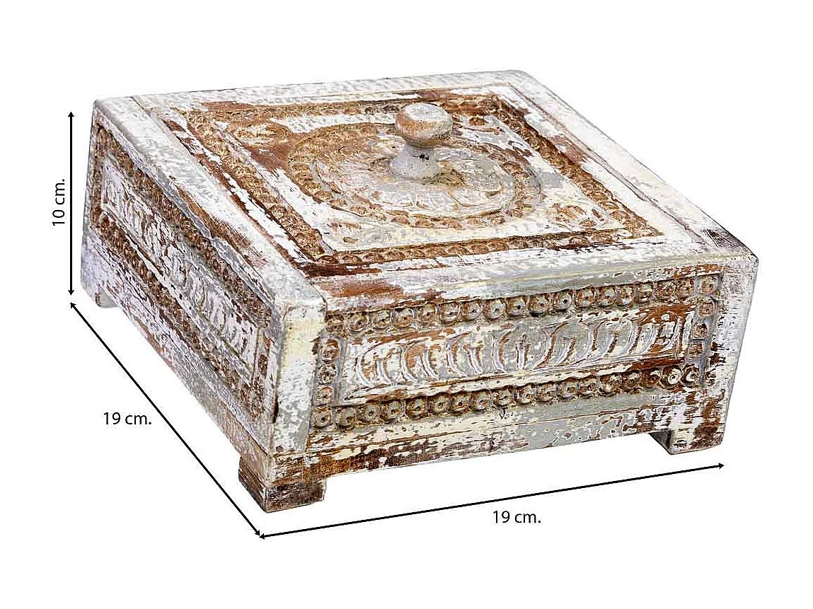 Caja de madera tallada acabado artesanal envejecido azul 19x19x10h cm