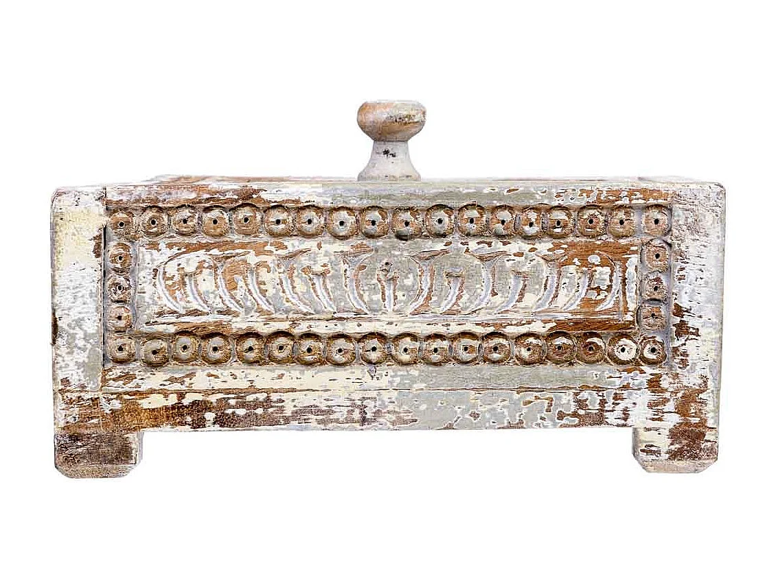 Geschnitzte Holzkiste mit antikblauem handgefertigtem Finish 19x19x10h cm