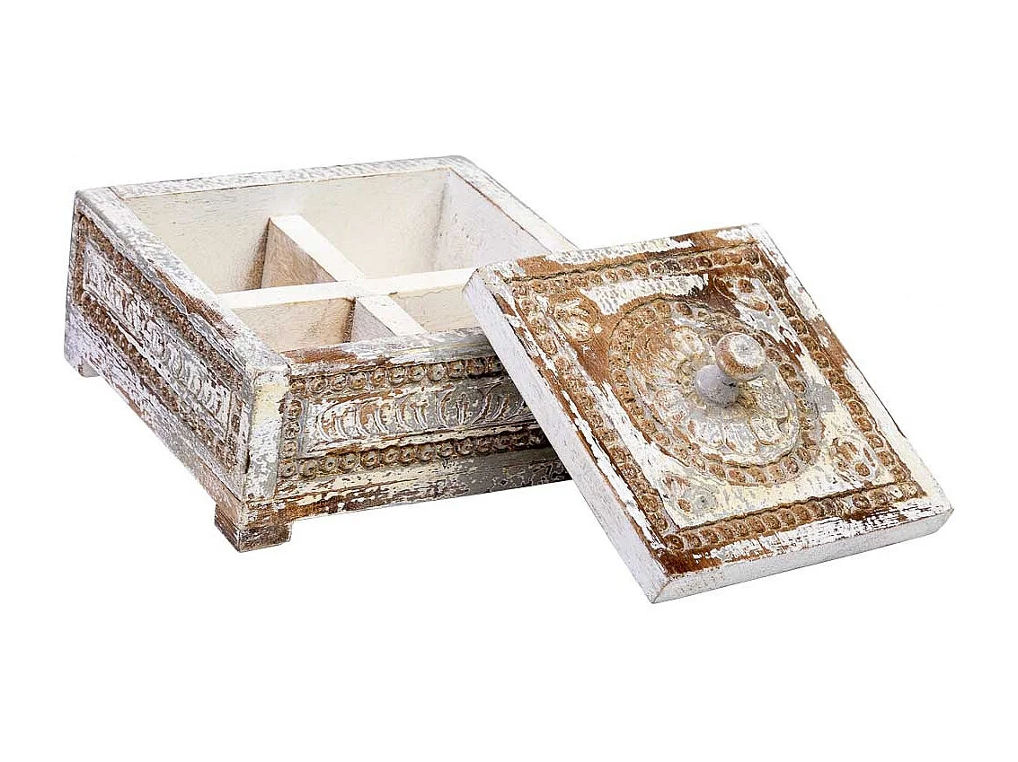 Geschnitzte Holzkiste mit antikblauem handgefertigtem Finish 19x19x10h cm