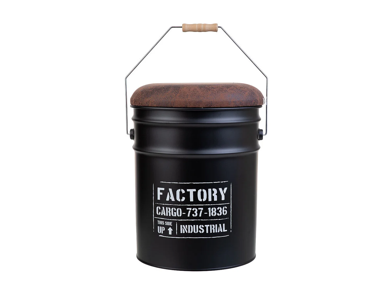 Seau en métal, couvercle rembourré et anse en métal imprimé noir D31x35/40h cm