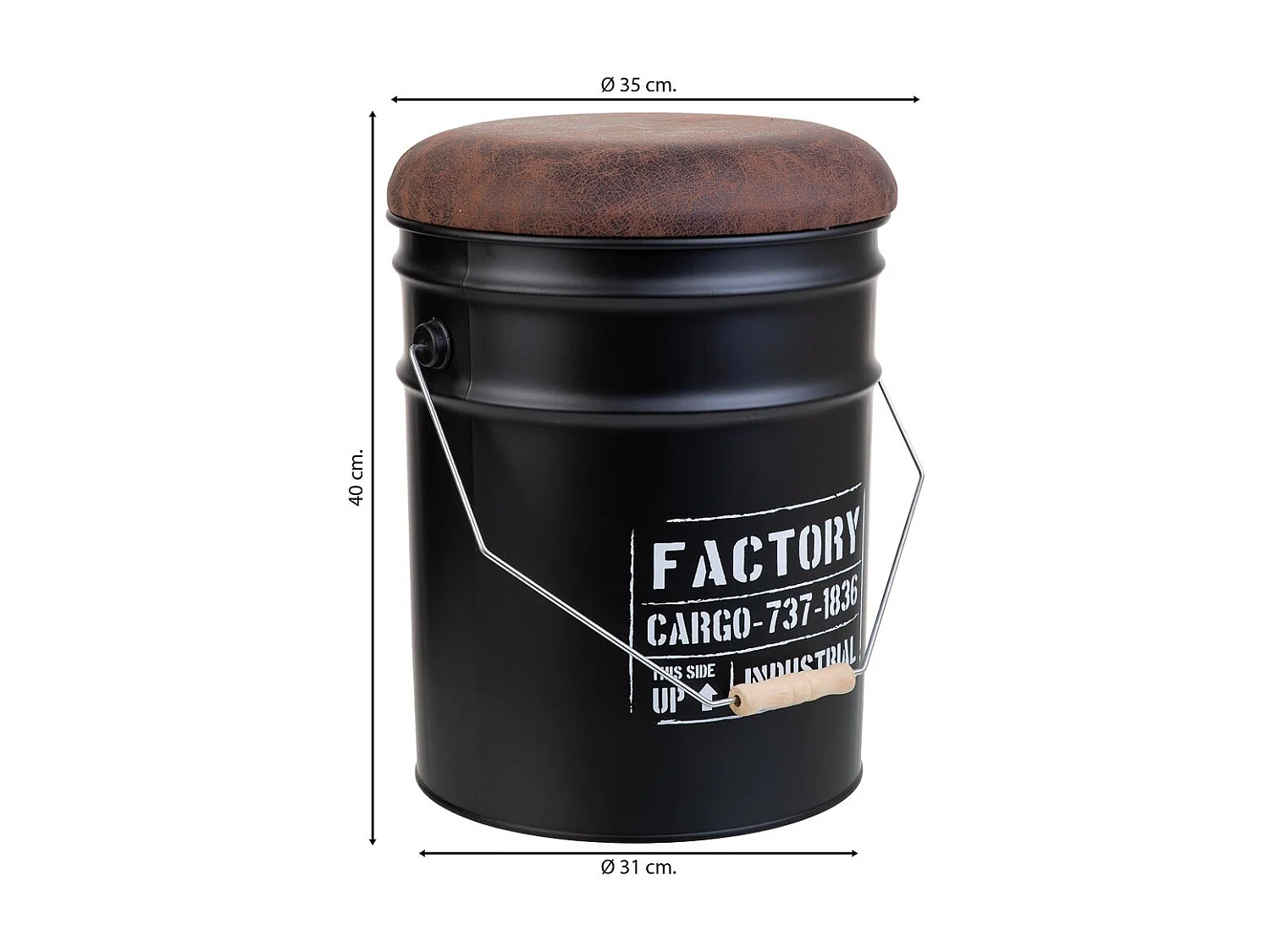 Seau en métal, couvercle rembourré et anse en métal imprimé noir D31x35/40h cm