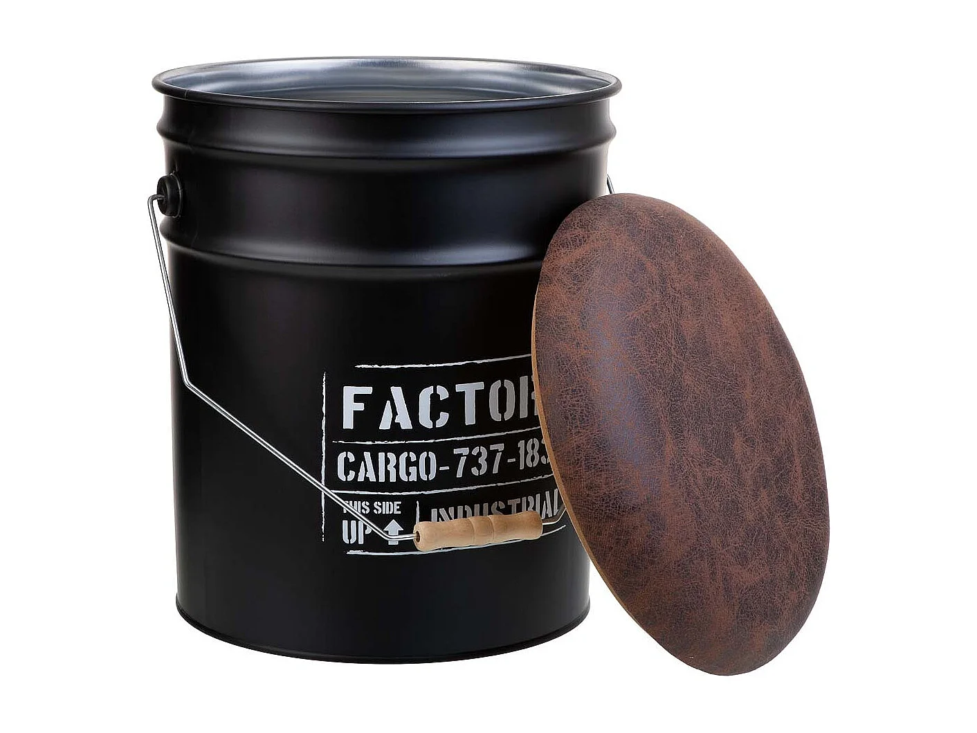 Seau en métal, couvercle rembourré et anse en métal imprimé noir D31x35/40h cm