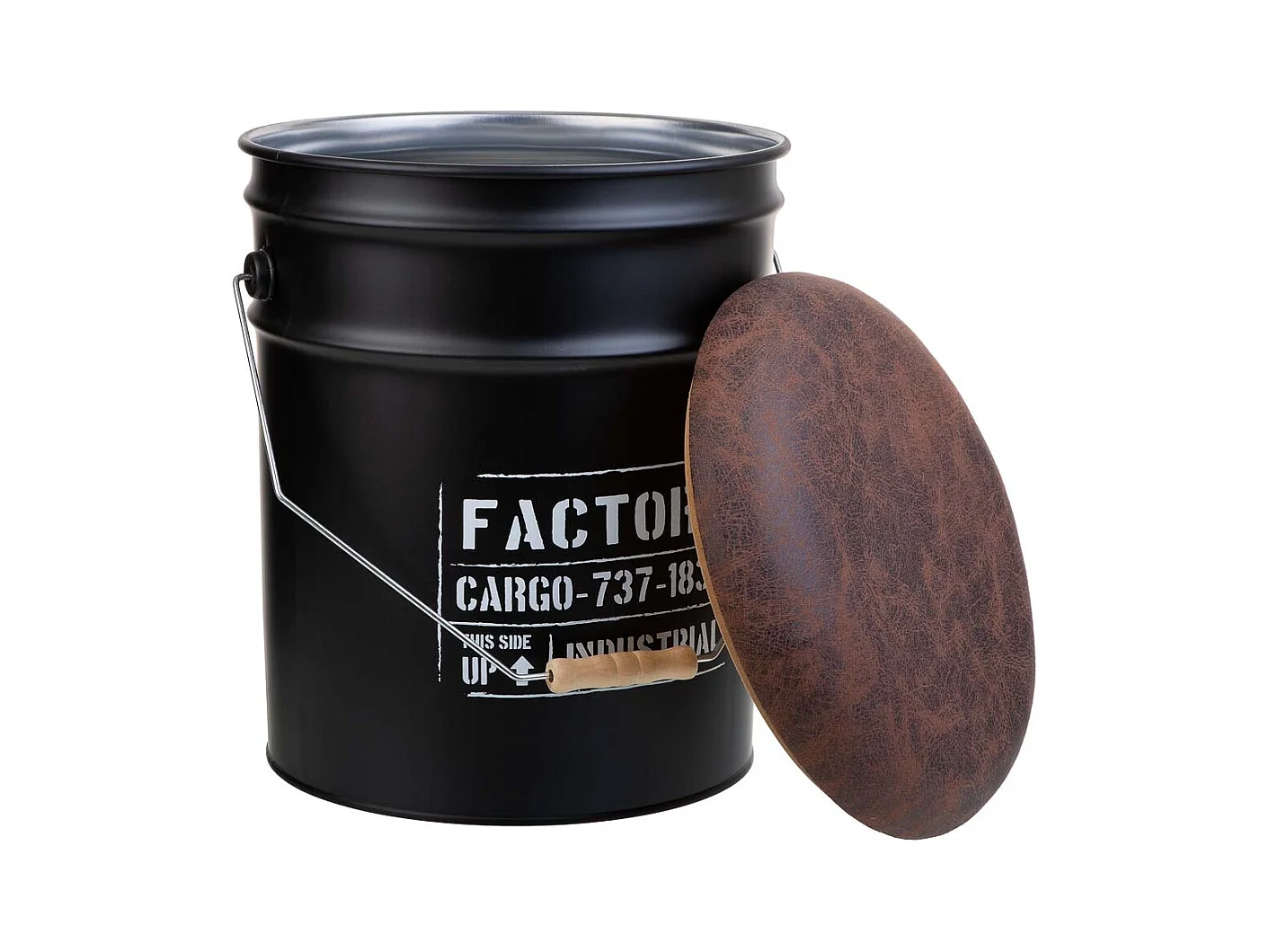 Cubo de metal, tapa tapizada y asa metal impreso negro D31x35/40h cm