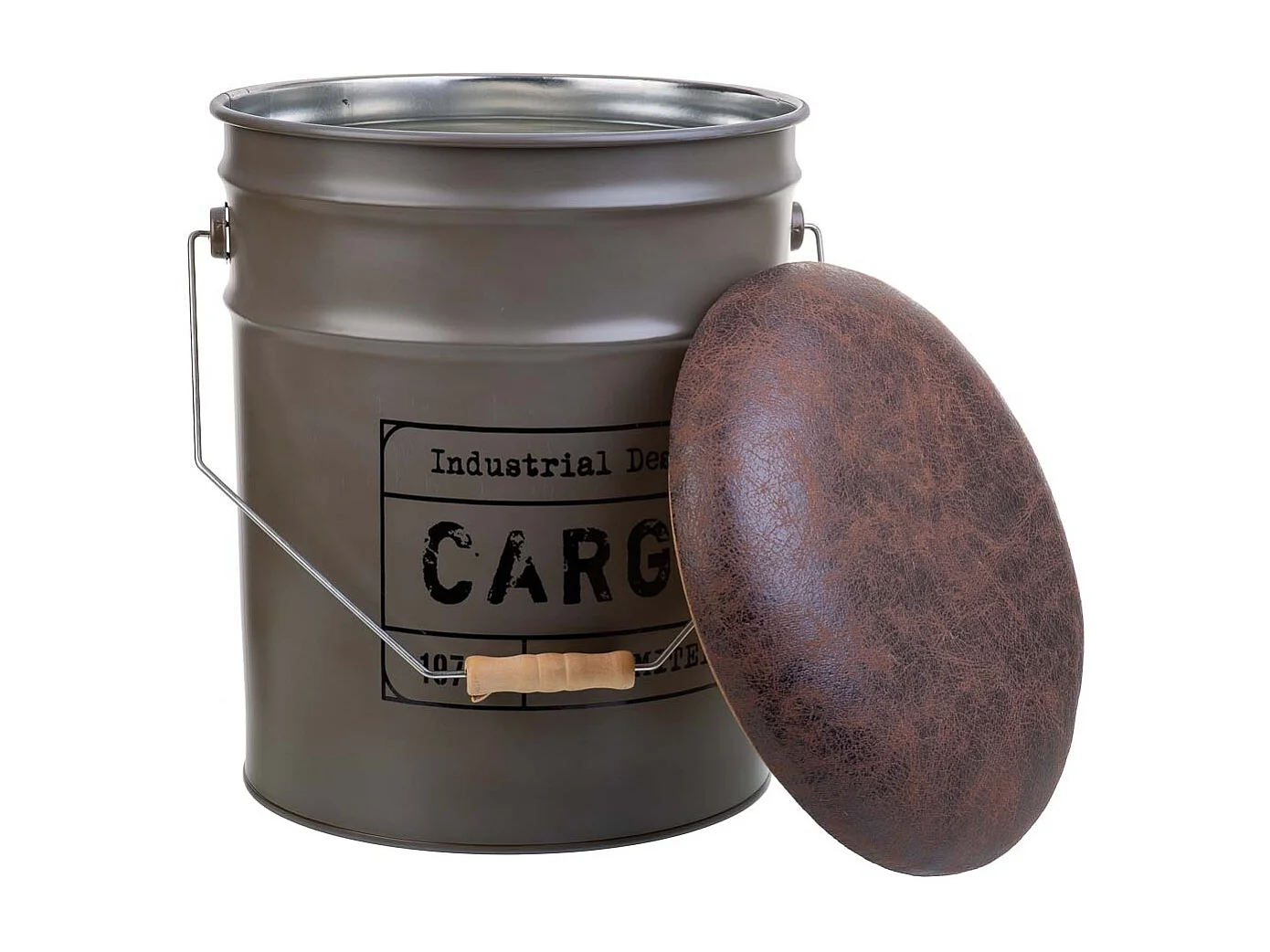 Seau en métal, couvercle et poignée rembourrés, métal imprimé, gris D31x35/40h cm