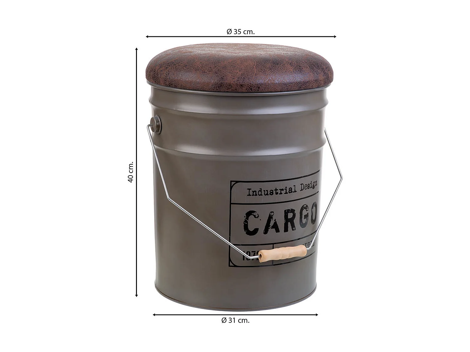 Balde em metal, tampa e pega estofadas, metal impresso, cinzento D31x35/40h cm