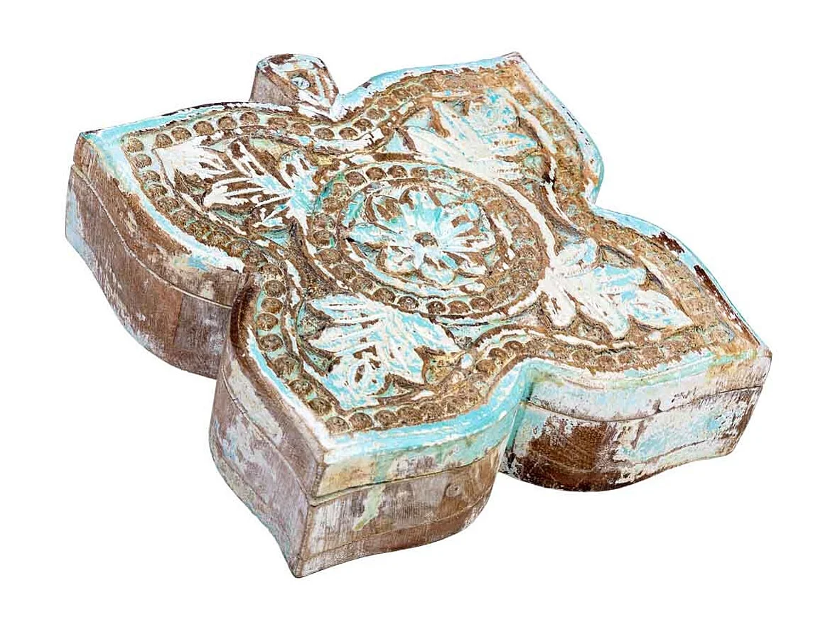 Coffret en bois avec finition artisanale bleu antique 18,5x20x5h cm