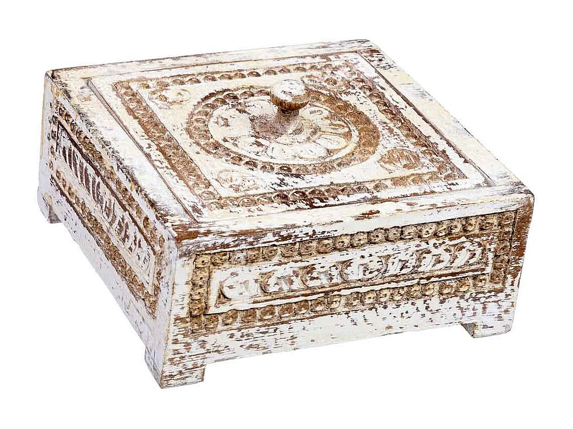 Caja de madera tallada acabado artesanal envejecido blanco 19x19x10h cm