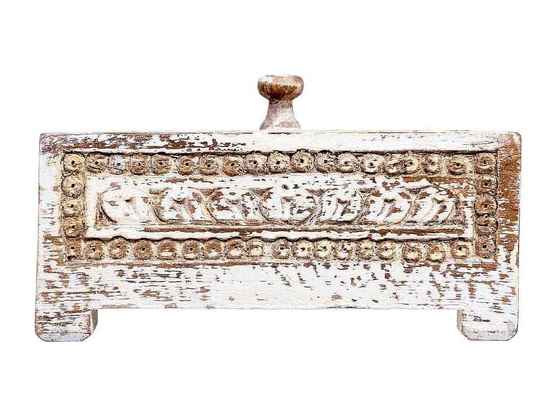 Caja de madera tallada acabado artesanal envejecido blanco 19x19x10h cm