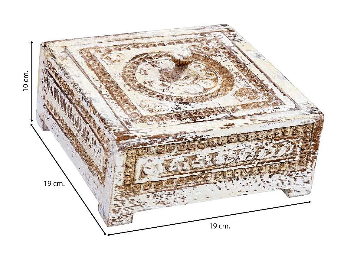 Caja de madera tallada acabado artesanal envejecido blanco 19x19x10h cm