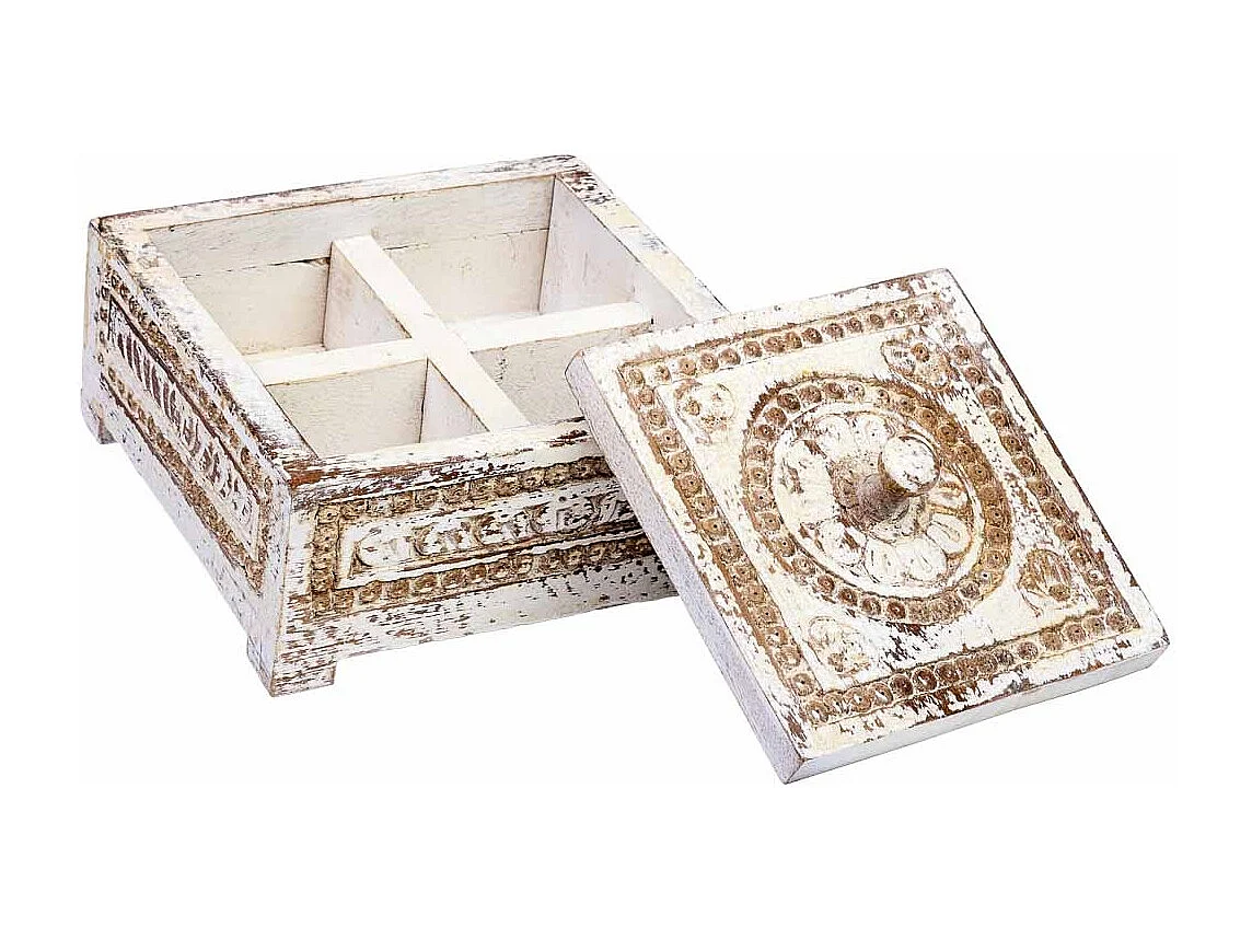 Caja de madera tallada acabado artesanal envejecido blanco 19x19x10h cm