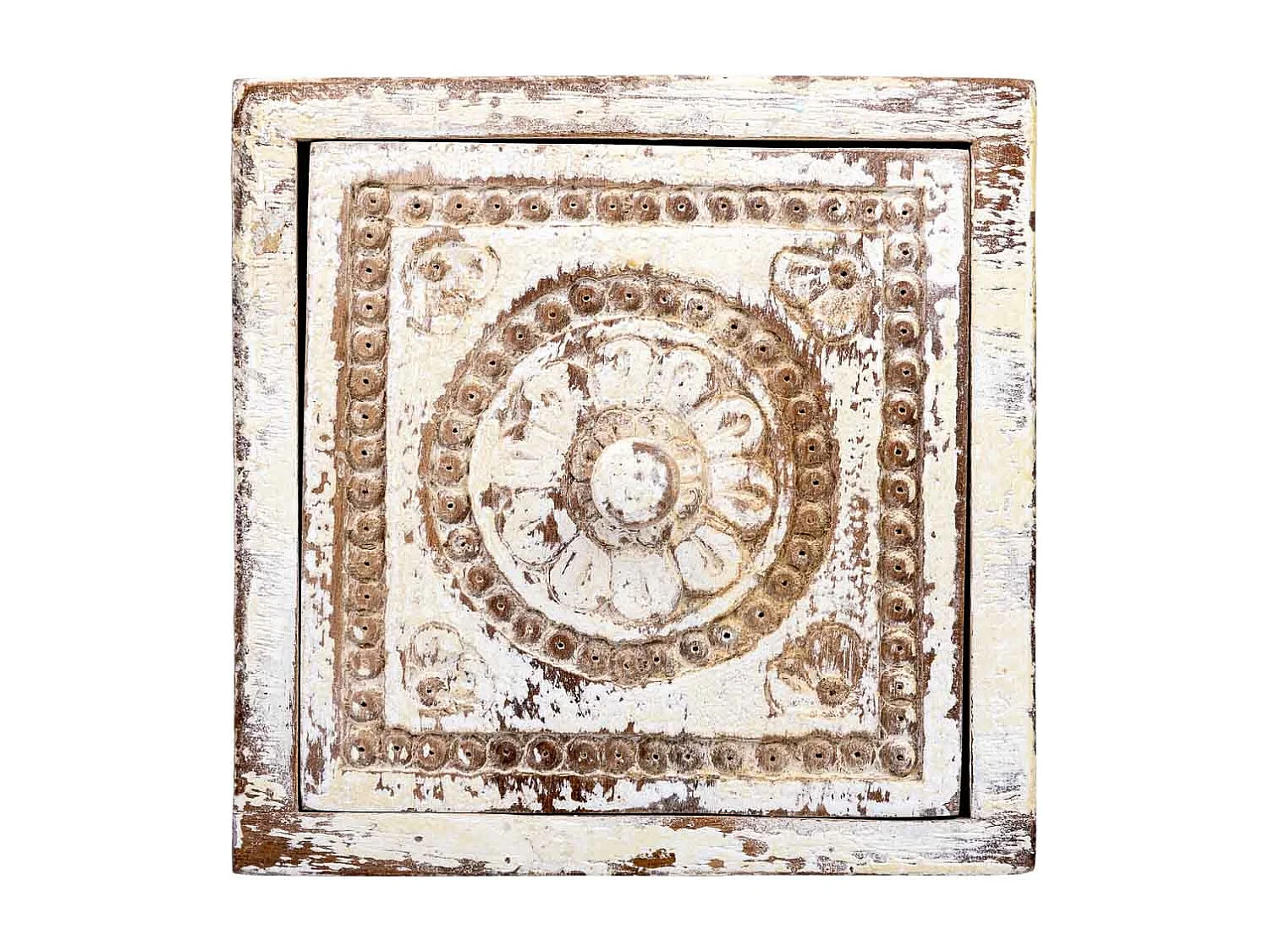 Caja de madera tallada acabado artesanal envejecido blanco 19x19x10h cm