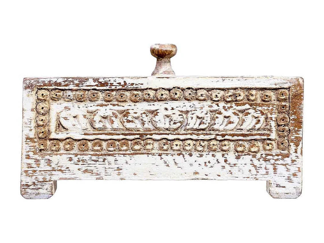 Geschnitzte Holzkiste mit antikem weißem Finish 19x19x10h cm