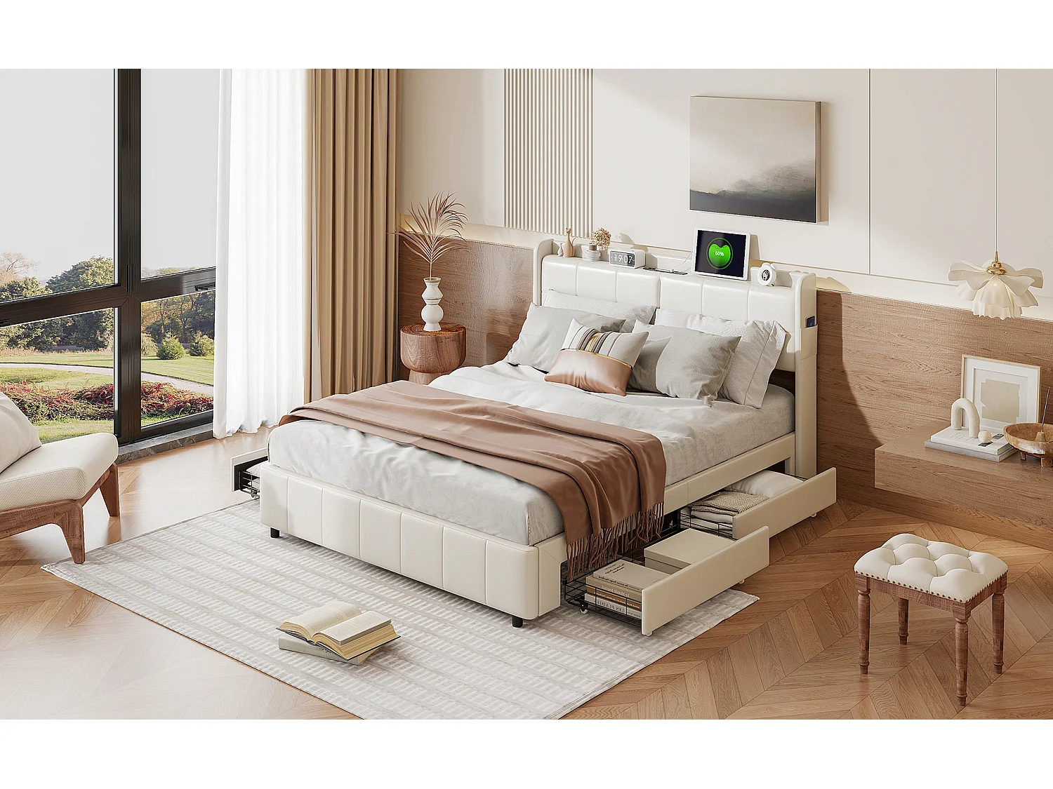 Tweepersoonsbed 140*200 cm, USB-oplaadpoort + vier zijlades, wit, PU-leer