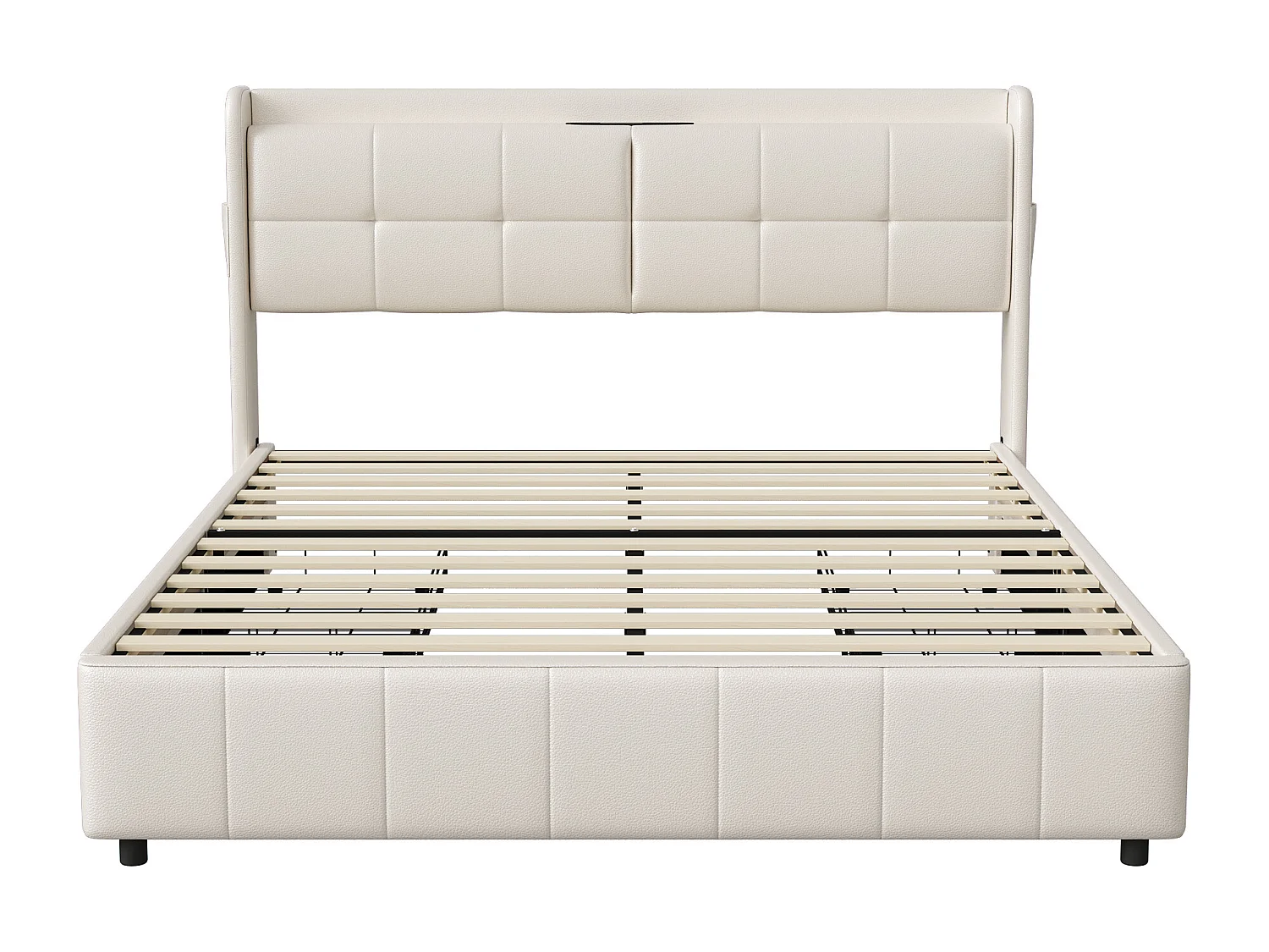 Tweepersoonsbed 160*200 cm, USB-oplaadpoort + vier zijlades, wit, PU-leer