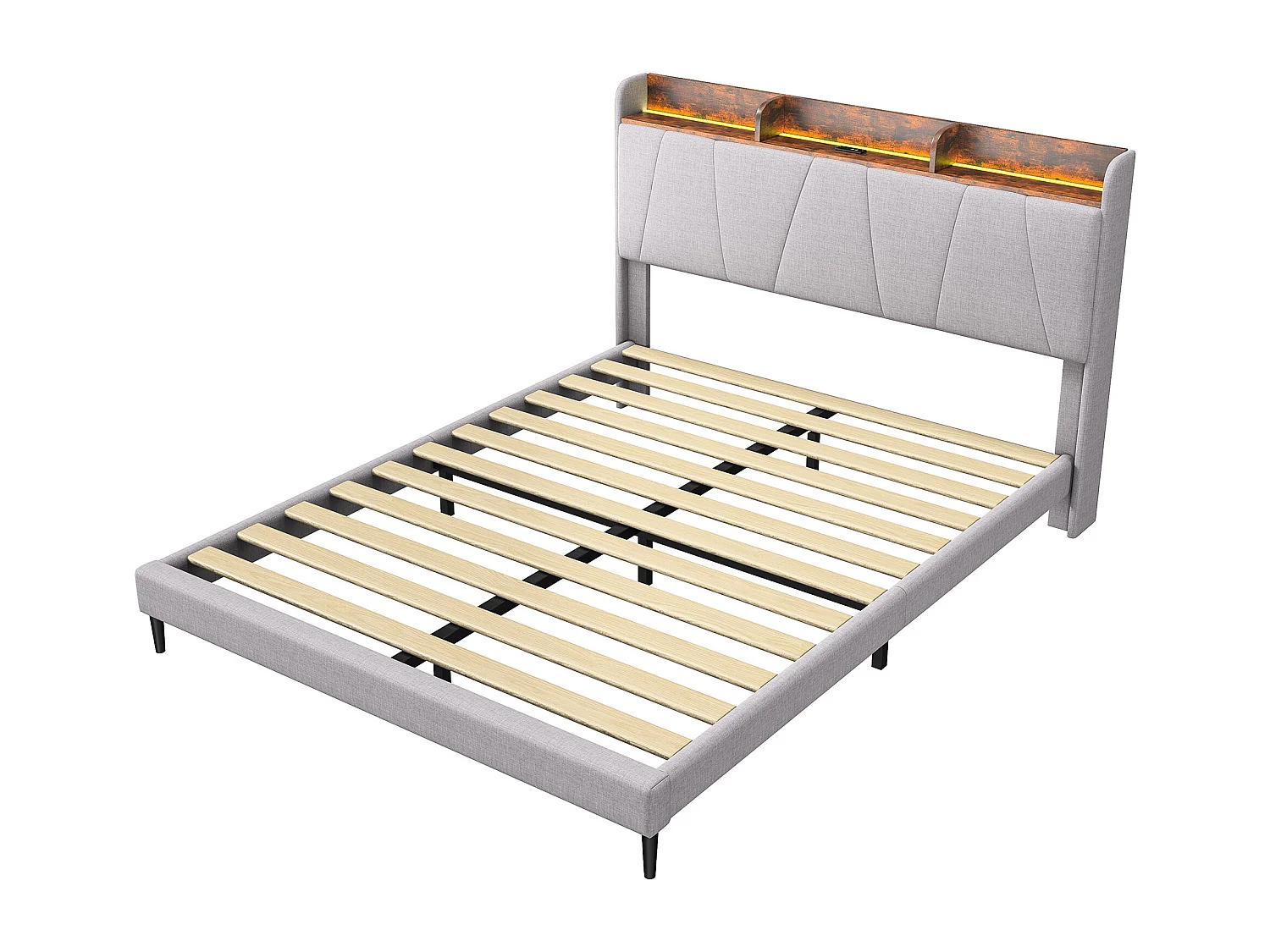 Estrutura de cama 140 x 200 cm com USB e LED, cama multifuncional com cabeceira de arrumação, linho, branco