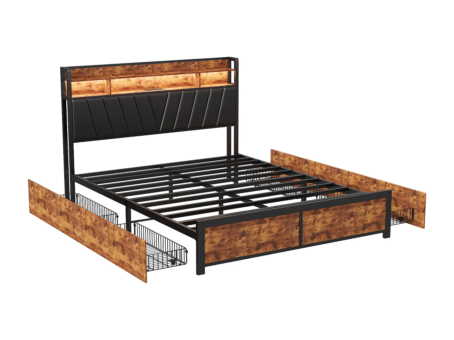 Lit Rembourré En Métal 160 X 200 Cm Avec Tête De Lit, 4 Tiroirs, LED Et Station De Charge