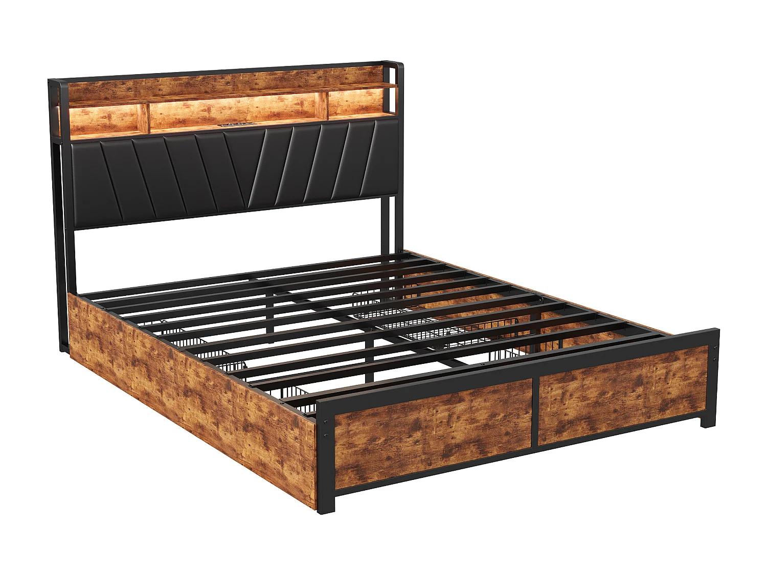 Letto 140*200cm in acciaio, legno e ferro, con quattro cassetti + lampada da comodino, caricabatterie europeo, nero