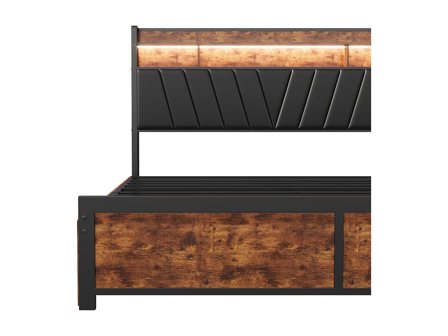 Letto 140*200cm in acciaio, legno e ferro, con quattro cassetti + lampada da comodino, caricabatterie europeo, nero